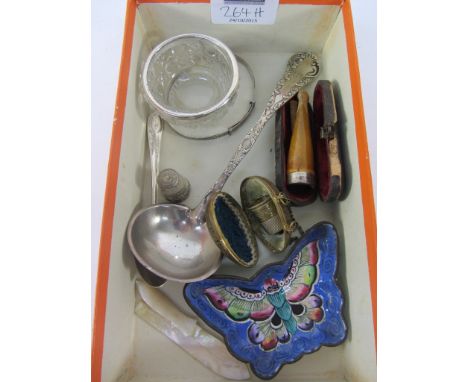 Hallmarked silver spoon, cut crystal salt, ladle, gilt metal egg shaped thimble holder etc