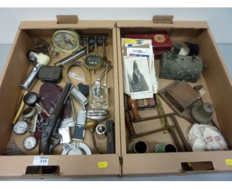 Table lighters, old Smiths alarm clock, replica pistol, paraffin engine, table winders, 19th century and later postcards, cam