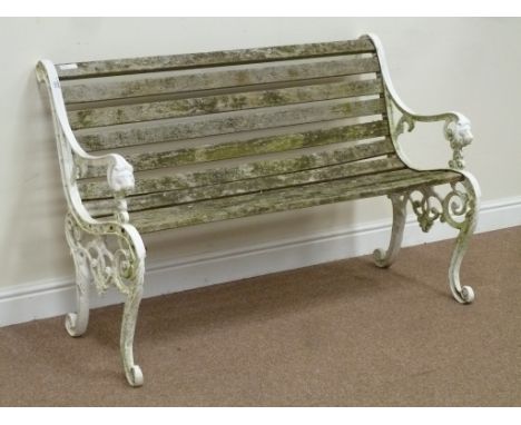 Ornate cast iron and wood slat bench, W130cm
