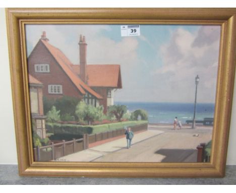 Corner of South Marine Drive Bridlington 1950's oil on board signed  Bruce 30cm x 40cm and Bridlington Priory pen and ink sig