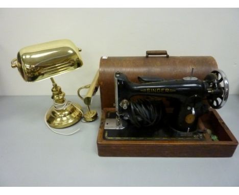 Vintage Singer sewing machine, 'Imperial' typewriter, brass effect banker's lamp, similar picture light and books in one box 