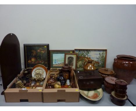 Stoneware pancheon, 'Domestos' stoneware jar, Studio Pottery charger, writer's slope,treen and collector's items, Pear's prin
