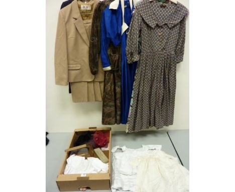 Vintage Clothing - day dresses, hats, christening gowns and sewing ephemera etc in one box 