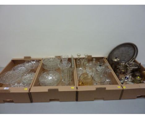 Silver-plated sugar basin in the form of a coal scuttle with scoop, cruet set, other silver plate and glassware in four boxes