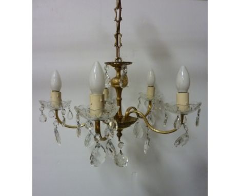 Gilt metal five branch chandelier hung with crystal drops H35cm (excluding length of chain)