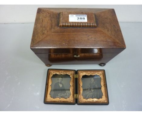 William IV rosewood sarcophagus shape tea caddy and a double daguerreotype in an ornate composite frame
