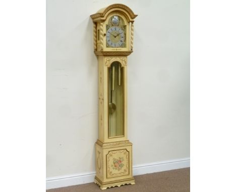 Reproduction Tempus Fugit longcase clock, triple weight driven chiming movement, crackle paint effect finish