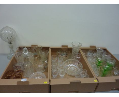 Cut glass table lamp, Stuart crystal bowl, drinking glass sets and other glassware in three boxes 