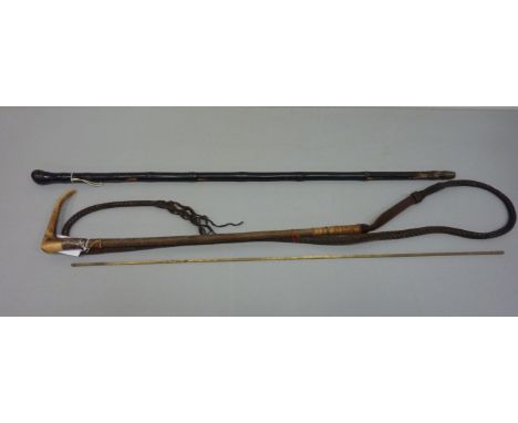 Oriental bamboo walking stick, hunting whip with horn handle and a brass barrel measure (3) 