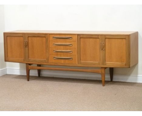 G-Plan vintage retro teak sideboard fitted with two double cupboards and four drawers in the centre, W214cm, H80cm, D46cm