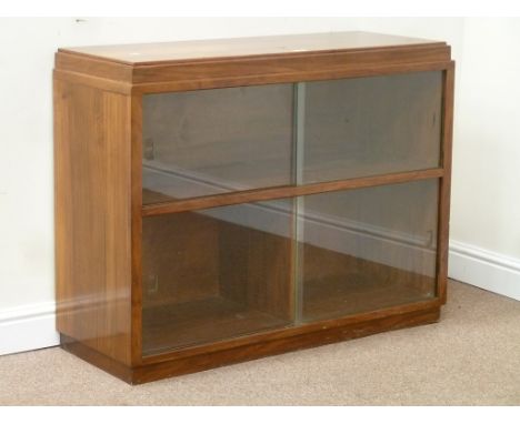 20th century vintage retro walnut two tier bookcase enclosed by sliding glass doors, W107cm, H82cm, D39cm