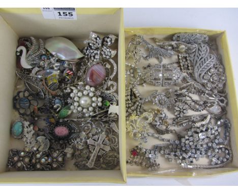Vintage and later marcasite, diamante, enamel and other costume brooches in two boxes
