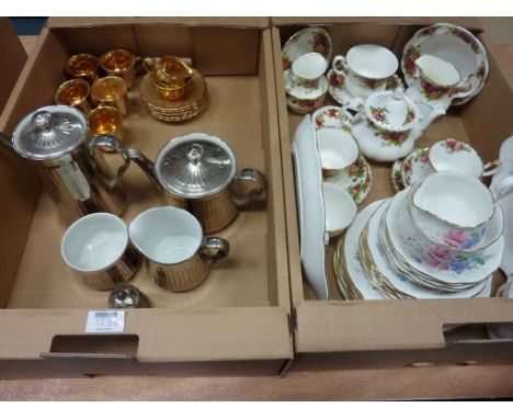 Royal Albert 'Old Country Roses' and 'Sweet Pea', Royal Worcester silver lustre and Wade gold lustre teaware in two boxes 