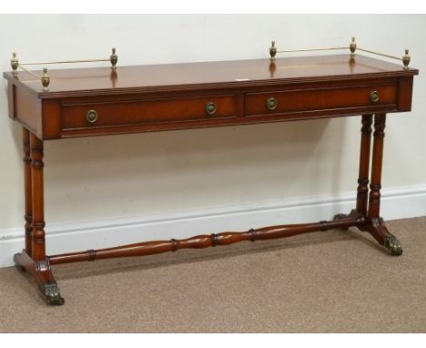 Reproduction mahogany two drawer console table fitted with brass gallery, W127cm, H64cm, D38cm