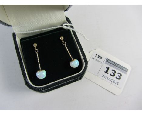 Pair of opal pendant ear-rings stamped 375