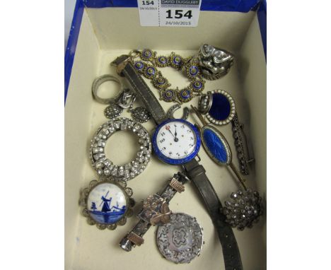 Vintage blue enamel and diamante jewellery, watch, hallmarked silver pieces etc