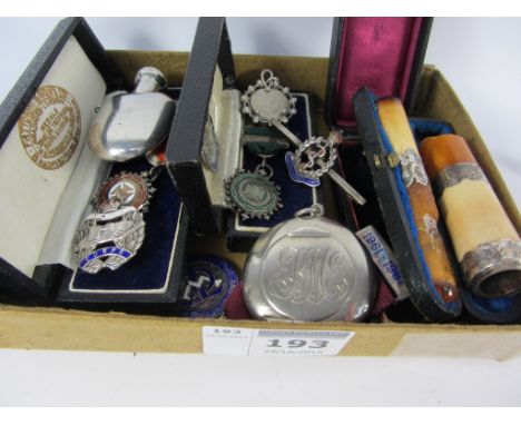 Hallmarked silver military and other medals, brooch, pendant compact etc in one box