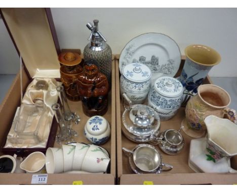 1920s soda siphon, 1930s Arthur Wood jug, P & O decanter, storage jars, silver-plated three piece tea set and other items in 