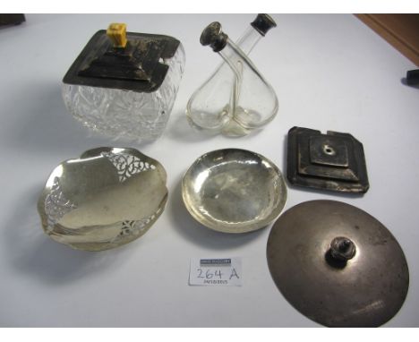 Two hallmarked silver trinket dishes, cut glass preserve pot and lid, oil and vinegar bottle, biscuit barrel lid approx 11 oz