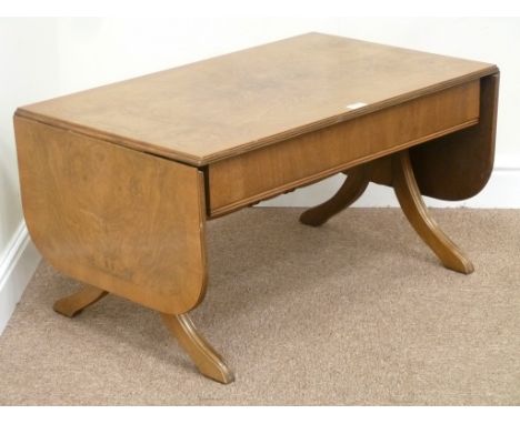 Reproduction walnut drop leaf coffee table, W84cm, D50cm, H43cm