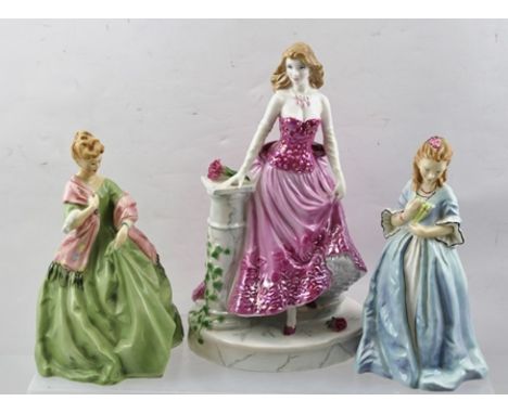 THREE ROYAL WORCESTER BONE CHINA FIGURINES; "First Dance" 3629, modelled by F.G. Doughty, 18cm high, together with "Sweet Ann