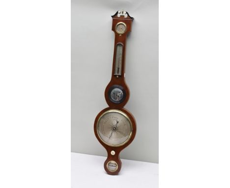 CICERI & PINI of EDINBURGH A LATE VICTORIAN/EDWARDIAN MAHOGANY BANJO BAROMETER having pediment with swan neck top, ivory roun