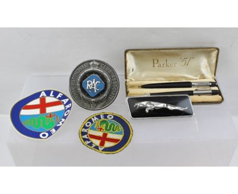 A "ROYAL AUTOMOBILE CLUB ASSOCIATION" CAR BADGE, AND OTHER VARIOUS CAR BADGES, together with a "PARKER" CASE CONTAINING PROPE