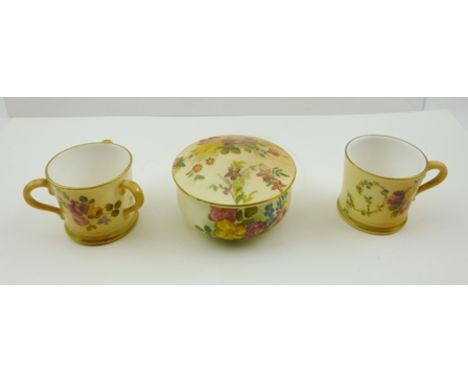 A LATE VICTORIAN ROYAL WORCESTER PORCELAIN MINIATURE TYG, hand painted with flowers on a blush ivory ground, factory marks in