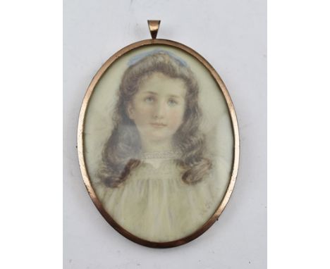 A. POLLOCK A VICTORIAN/EDWARDIAN MINIATURE PORTRAIT PAINTING, a young girl with a blue bow in her hair, considered to be Enid