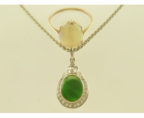 A 9CT WHITE GOLD PENDANT NECKLACE, together with an OPAL RING, size Q 