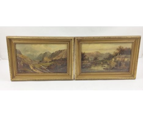 M. JACOBI (1834 - 1883?) Extensive Scottish landscapes, a pair, one with post coach going through a pass, the other a stone a