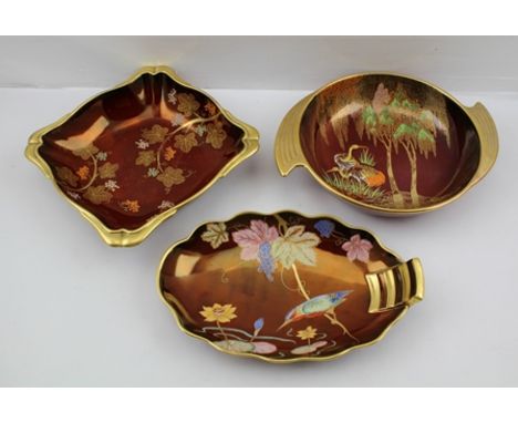 CARLTONWARE ROUGE ROYALE, two elliptical bowls, plus a further square example with jewelled polychrome decoration of a Kingfi