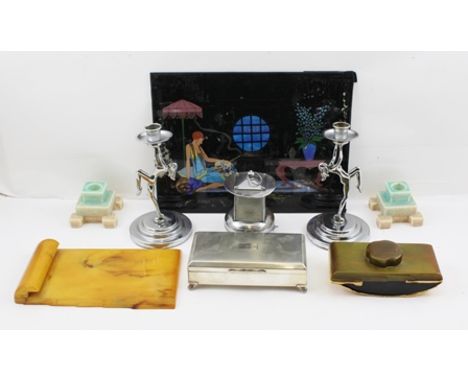 A QUANTITY OF ART DECO ITEMS, including a pair of chrome dancing lady candlesticks, a small "Pifco" lantern, rocker blotter, 
