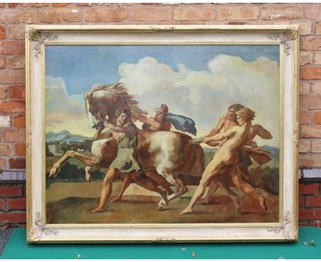 A 20TH CENTURY COPY OF AN OLD MASTER, figures restraining a rearing horse, Oil on canvas, approx 90cm x 125cm, in decorative 