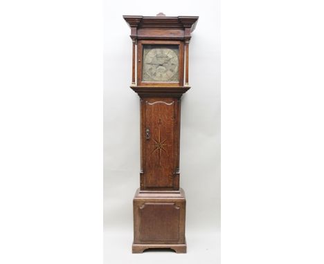 A LANSON OF KIGHLEY, OAK LONGCASE CLOCK, square top hood, column mounted, the door of case with star inlay, the square brass 