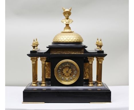 A 19TH CENTURY BLACK SLATE & ORMOLU MANTEL CLOCK of architectural form, with winged messenger Mercury surmount, 52cm high 