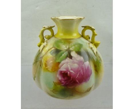 A ROYAL WORCESTER PORCELAIN VASE of globular squat form, hand-painted rose decoration, circa 1908, various marks to base, 13c