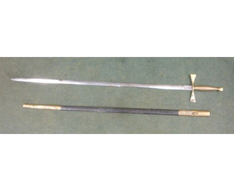 A CEREMONIAL SWORD, the engraved blade with a cross and the letter "H" on either side, 75cm blade, with scabbard 