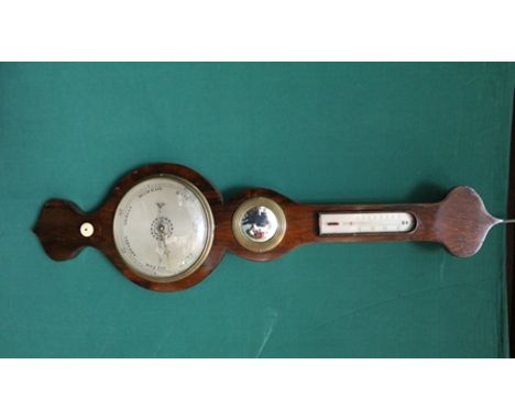A 19TH CENTURY ROSEWOOD CASED ONION TOP BAROMETER, fitted calibrated silvered 19cm diameter, a thermometer and a convex mirro
