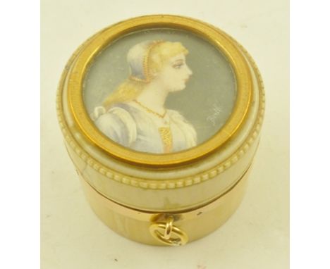 AN EARLY 19TH CENTURY IVORY PATCH BOX, the cover inset with a miniature portrait painting of a young woman, possibly Flemish,