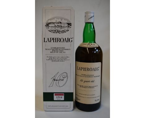 Laphroaig 10 year old unblended Islay malt Scotch Whisky, 100cl, 43%, one bottle in tin carton