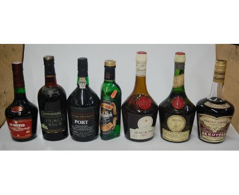 Vintage Charactor port, one bottle; Benedictine liqueur, 70cl, 40%, two bottles; De Kuyper parfait amour liqueur, one bottle;