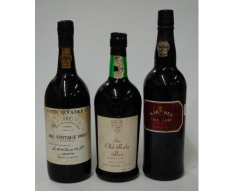 Smith Woodhouse, 1985 vintage port, one bottle; Martinez NV Fine Ruby Port, one bottle; and one other NV Fine Old Ruby Port b
