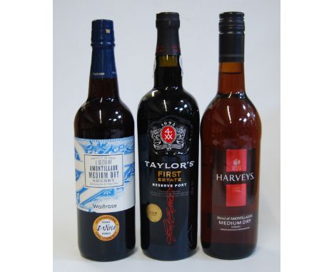 Harvey's Medium Dry Sherry, three bottles; Taylor's NV First Estate Reserve Port, one bottle; and Waitrose Amontillado medium