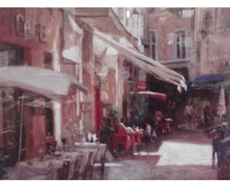 Very large framed print Mediterranean cafe scene.