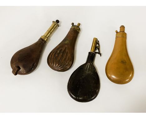 4 POWDER FLASK - 2 LEATHER  2 BRASS