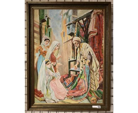OIL ON CANVAS ARAB CARPET SELLER 70CMS X 98CMS