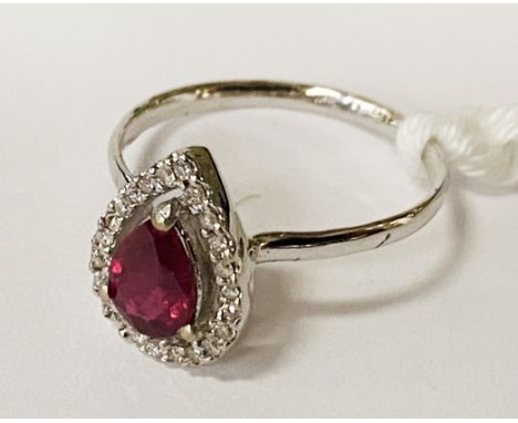 18K WHITE GOLD TESTED DIAMOND RUBY RING - SIZE K