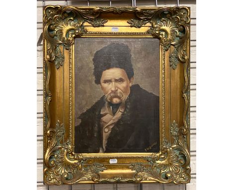 GILT FRAMED OIL ON CANVAS PORTRAIT OF ''TARAS SHESHENKO'' SIGNED - 58 X 48 CMS APPROX