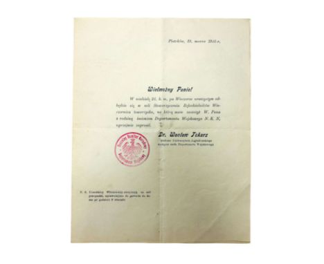 Personalized invitation print for (Ludwik Pluciński?) to a social evening of the Military Department of the National Committe